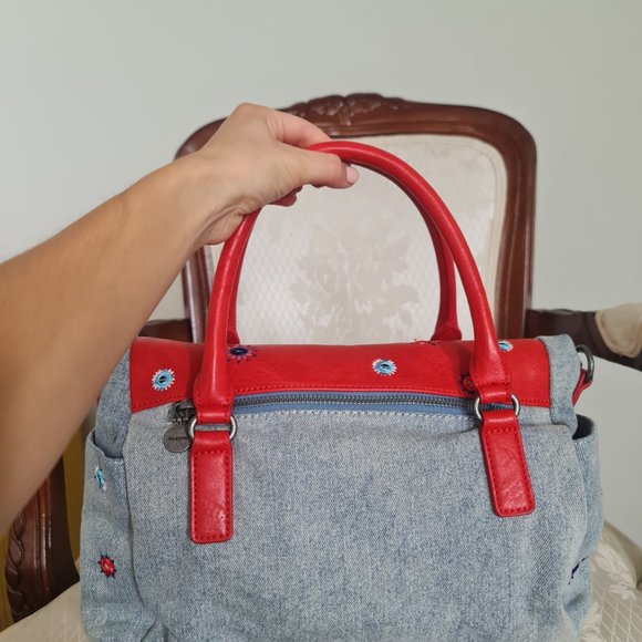 Desigual genuine denim bag with red leather and embroidery - Picture 4 of 7